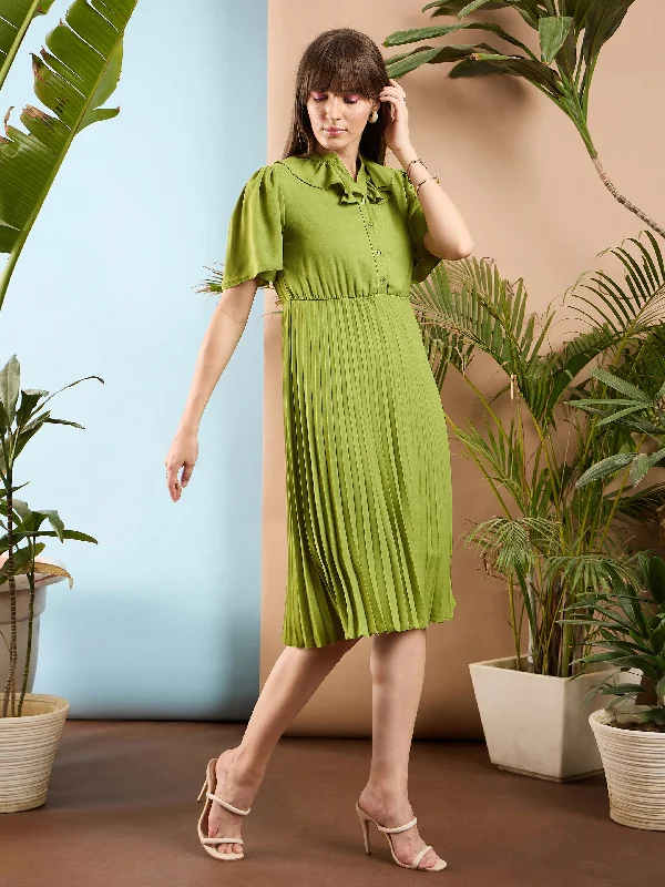 Women Olive Frill Neck Accordion Pleated Midi Dress