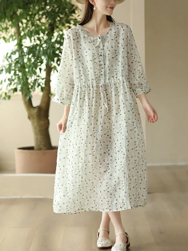 Women Summer Artsy Floral O-Neck Strap Ramie Dress FD010