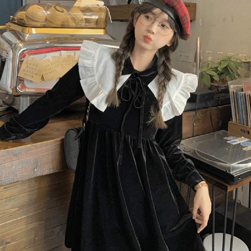 Women's Kawaii Double Color Ruffled Velvet Dress