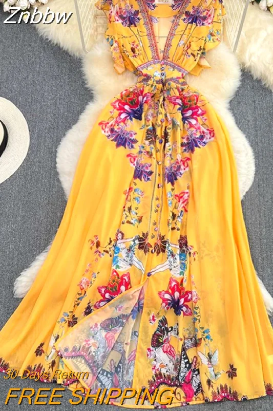 Znbbw Bohemian Chiffon Yellow Maxi Dress Women's V-Neck Flying Sleeve Single Breasted Flower Print Holiday Vestidos N1969