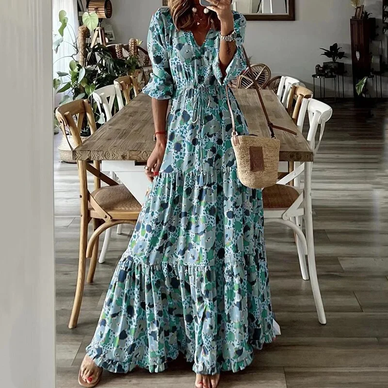 Znbbw Women Elegant Boho Dress Summer Retro V-Neck Long Flare Sleeve Sexy Print Pleated Maxi Dress Female Casual Holiday Long Dresses