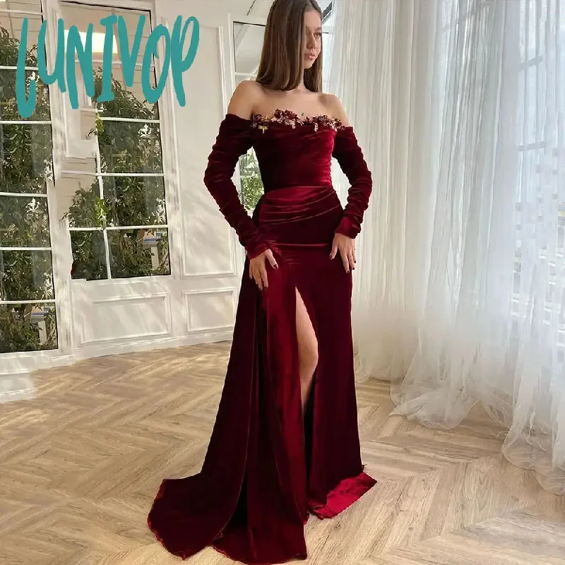 Lunivop 2024 Women Evening Dresses Long Sleeve Sweetheart Velour Sexy Mermaid Court Floor-Length Party Gown Beaded Flower Arab robes de