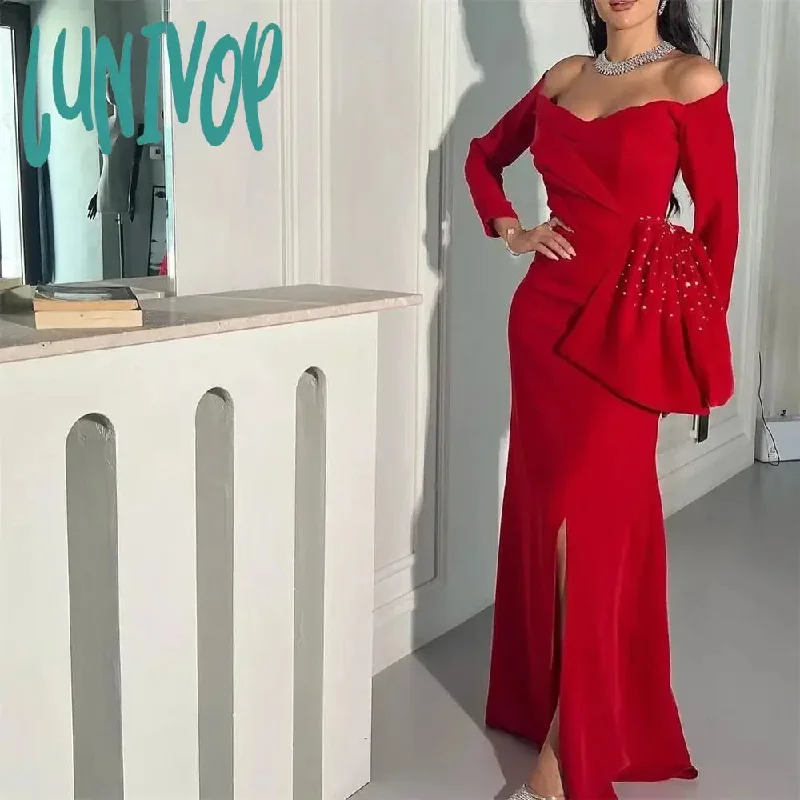 Lunivop Beaed Sequins Pleat Evening Dresses with Long Sleeve Floor-Length Sexy Mermaid Party Gown Dubai Arab Ruffles 2024 for Women