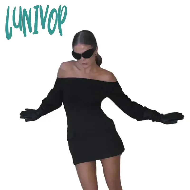 Lunivop Black Sexy Slash Neck Mini Dress For Women Fake Pockets Bodycon Long Sleeve Elegant Dresses 2024 Night Party Party Club Vestidos