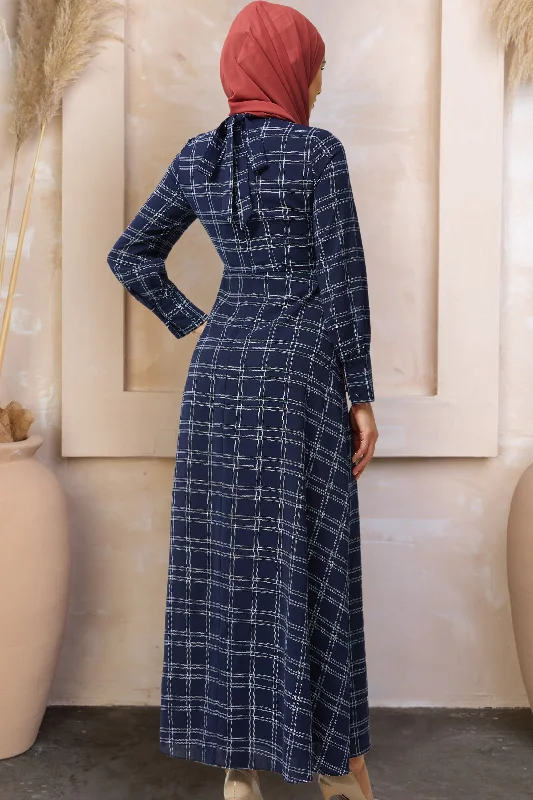 Navy and White Grid Print Maxi Dress-CLEARANCE