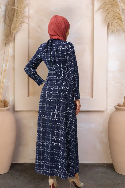 Navy and White Grid Print Maxi Dress-CLEARANCE