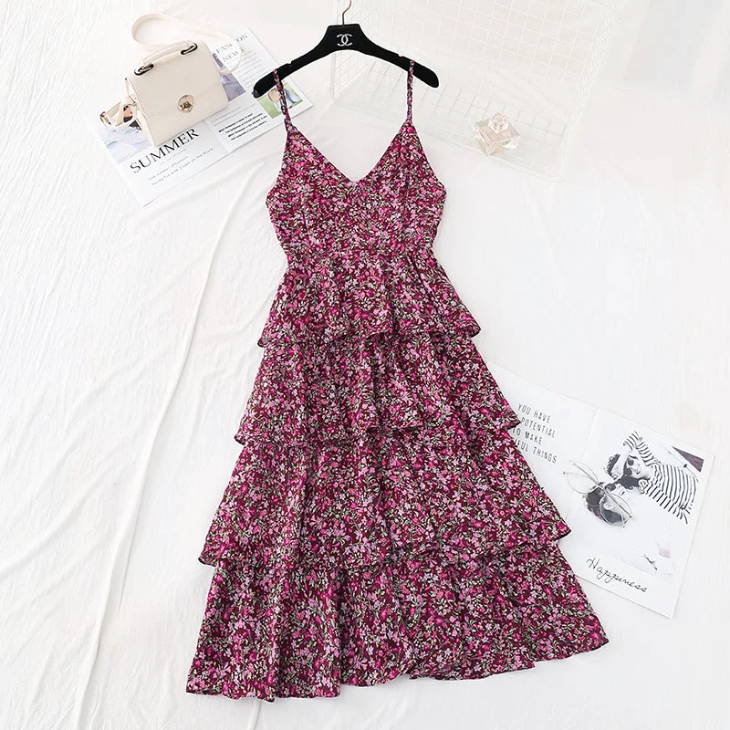 Floral suspender dress with a slim waist  4112