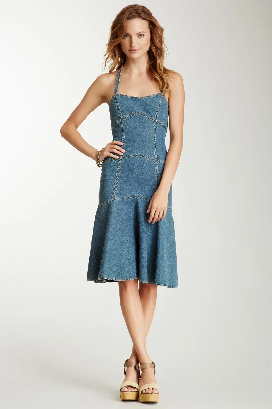 Halter Sweetheart Stretch Denim Dress - Denim Blue