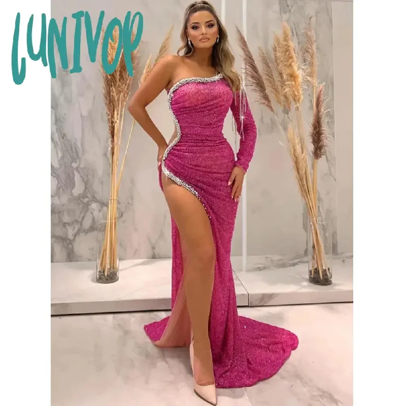 Lunivop Women Luxury Sexy One Shoulder Mesh Sequined Mermaid Pink Maxi Long Gowns Dress Elegant Evening Party Club Dress