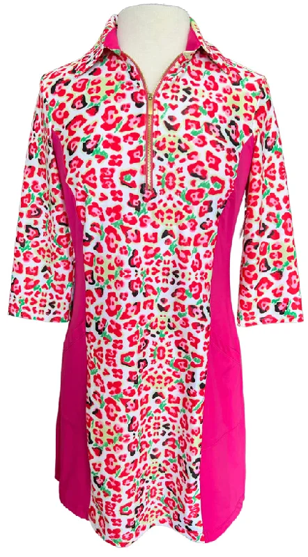 New Spitfire Petite Leopard Combo Pink 3/4 Sleeve Dress Size L Petite -RUNS VERY SMALL