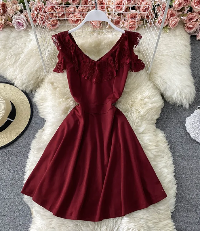 Red v neck short dress fashion dress  866