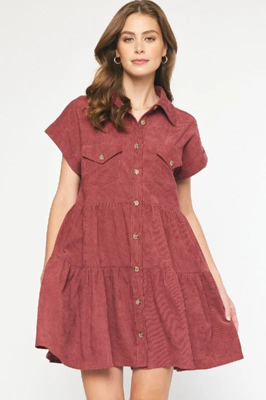 Solid Corduroy Button Down Short Sleeve Dress - Cranberry