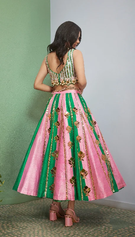 PINK EMERALD- PINK AND GREEN STRIPS HALF LEHENGA SET