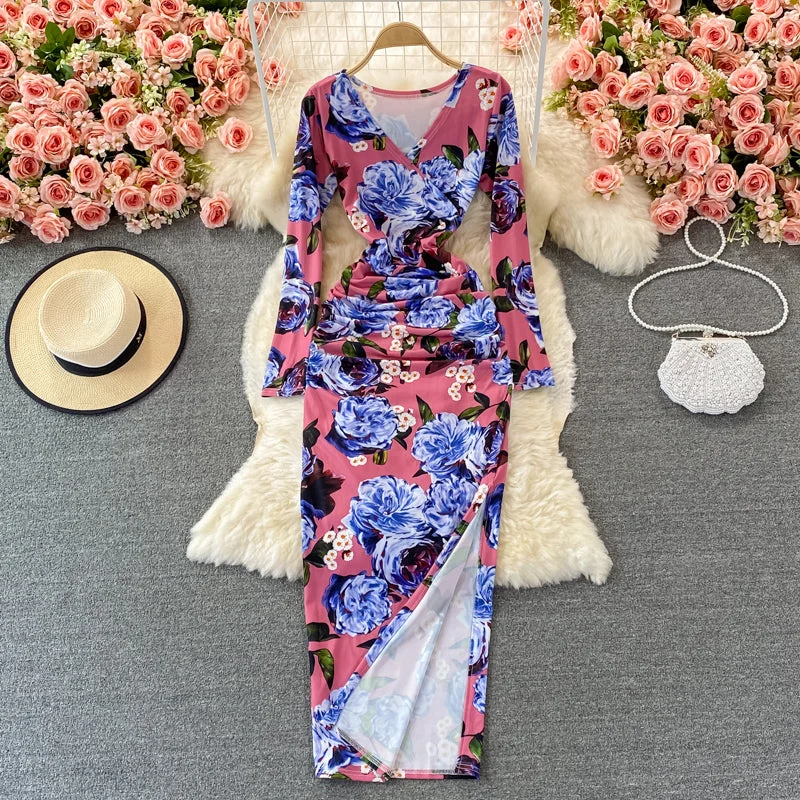 V-neck print slim split dress  3086