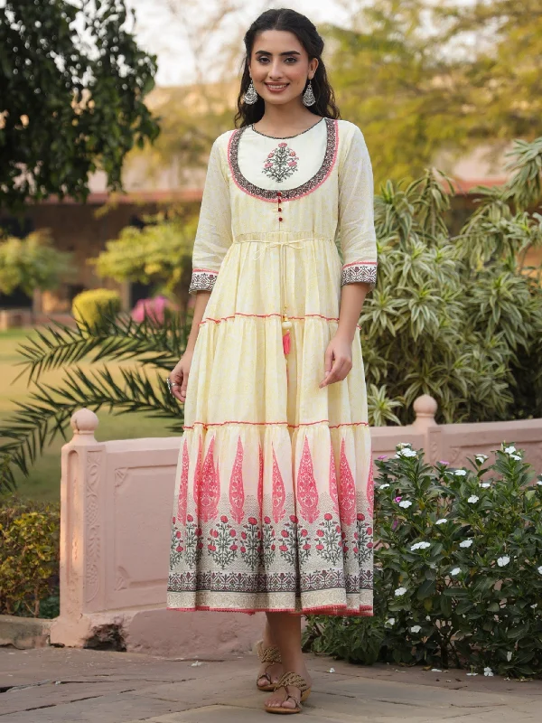 Yellow Cotton Printed  With Embroidery Flared Dress