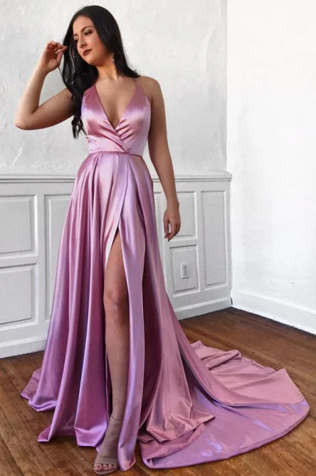 A-Line Spaghetti Straps Sweep Train Prom Dresses with Split OKN17