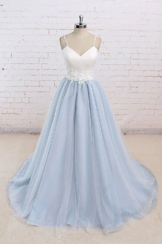 Baby Blue Tulle Long Simple Flower Senior Prom Dresses With White Top,Long Tulle Evening Dress OK503