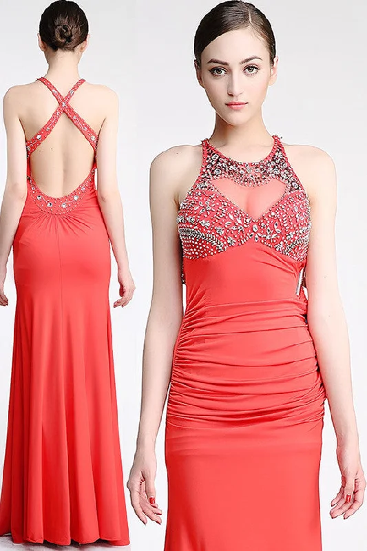 Backless Watermelon Sheath Mermaid Beaded Prom Dress ED0845