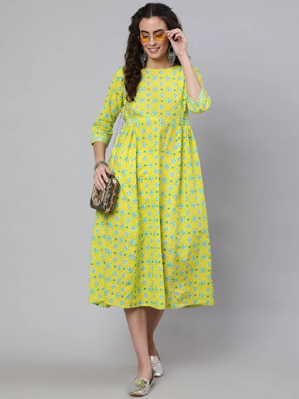 Wome Yellow Ethnic Printed Flared Dress With Three Quarter sleeves