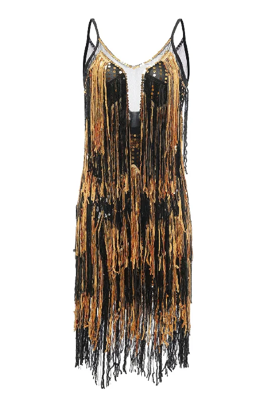 Black Golden Fringes 1920s Dress with Sequins