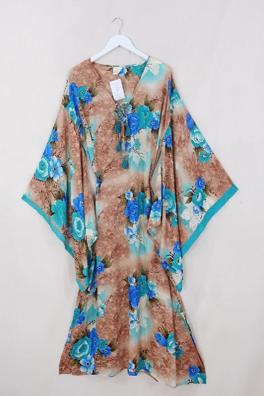 Cassandra Maxi Kaftan - Rosewood & Teal Floral - Vintage Sari - Size L/XL