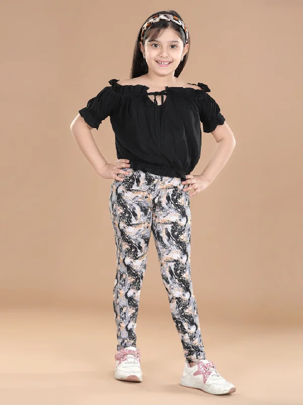 Girl's  Cotton Floral Printed Jegging And Black Top Set - StyleStone Kid