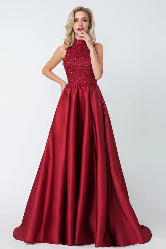 Cheap A-line Red High Neck Applique Satin Long Prom Dress,Evening Dresses OKA67