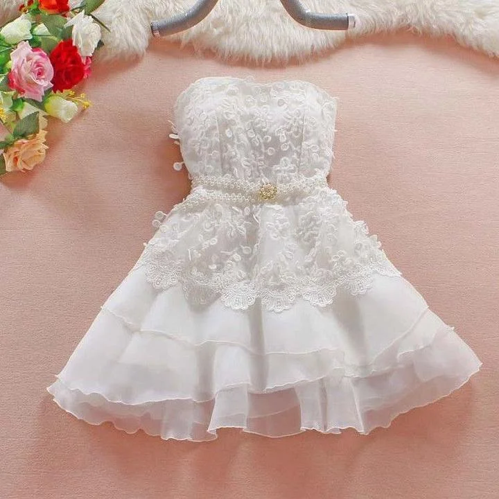 Cute A-Line Short Sweetheart Homecoming Dress,Lace Short Strapless Summer Prom Dresses OK410