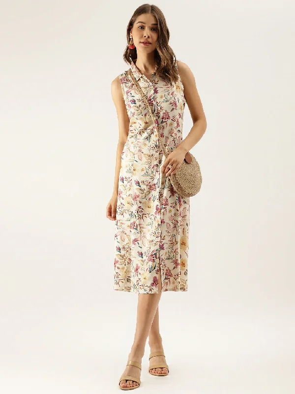 Women Cream Floral Printed Rayon Midi Dress with attached Sleeves