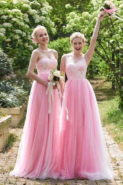 Elegant Pink Tulle A Line Long Bridesmaid Dresses For Wedding OK766