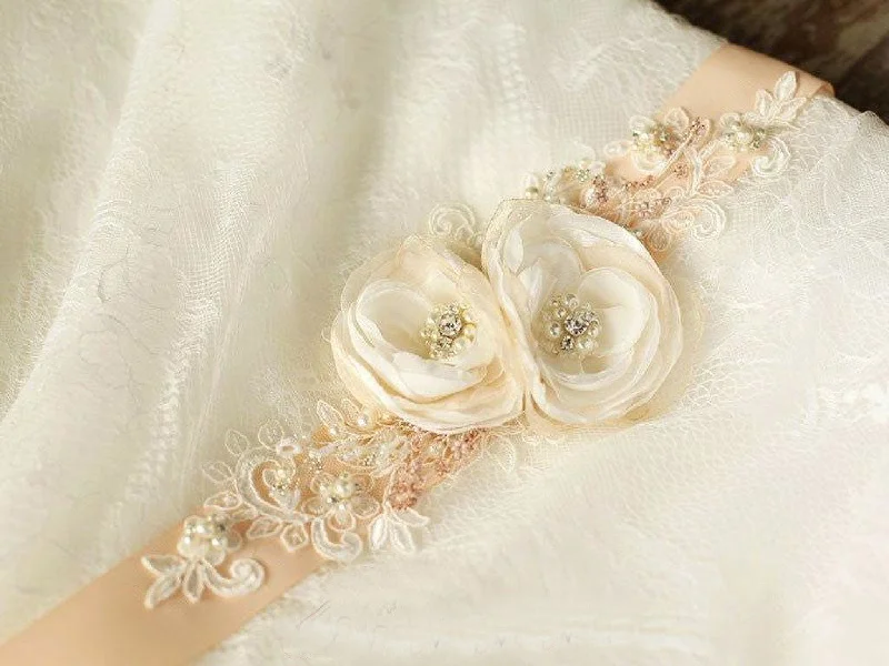 Flower Peach Nude Blush Bridal Sash Rhinestones Floral Rustic Belts BS12