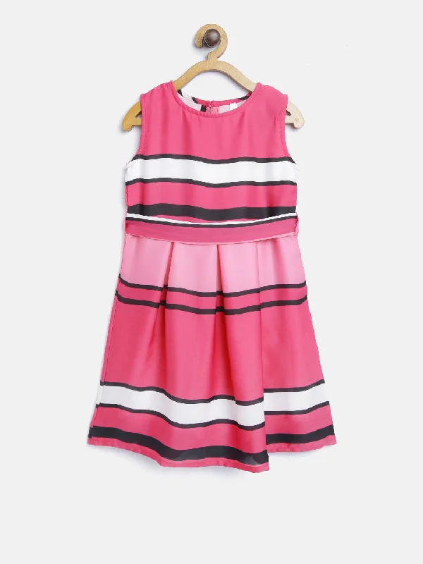 Gilr's Pink Satin Stripe Party Dress With Belt - StyleStone Kid