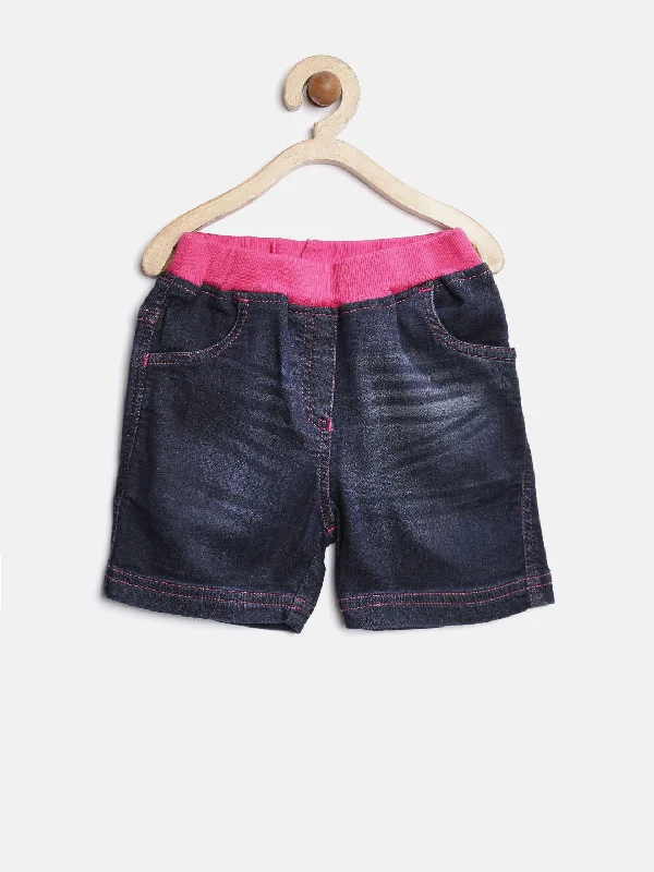 Girl's  Blue Denim Shorts With Pink Waistband - StyleStone Kid