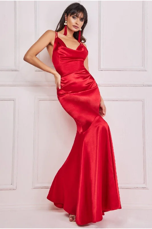 Goddiva Cowl Neck With Strappy Back Satin Maxi - Red