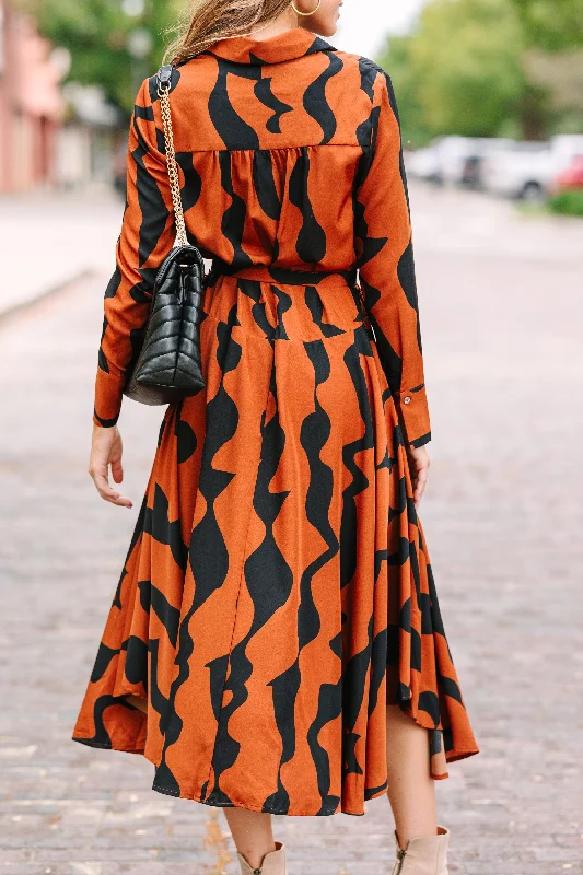 It's Your Time Brown Abstract Midi Dress