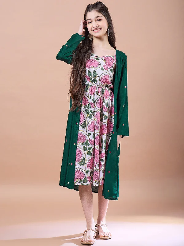 Girls Floral Print Square Neck Empire Cotton Midi Dress