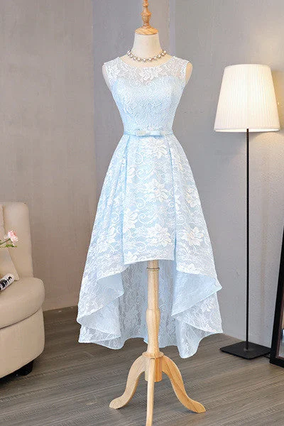 Light Blue Lace Round Neck High Low Halter Bow Prom/Homecoming Dress,Sweet 16 Dress OK248