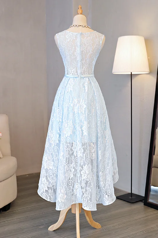 Light Blue Lace Round Neck High Low Halter Bow Prom/Homecoming Dress,Sweet 16 Dress OK248