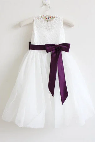 Light Ivory Lace Tulle Sleeveless Floor-length Flower Girl Dresses With Eggplant Sash/Bows  OK213