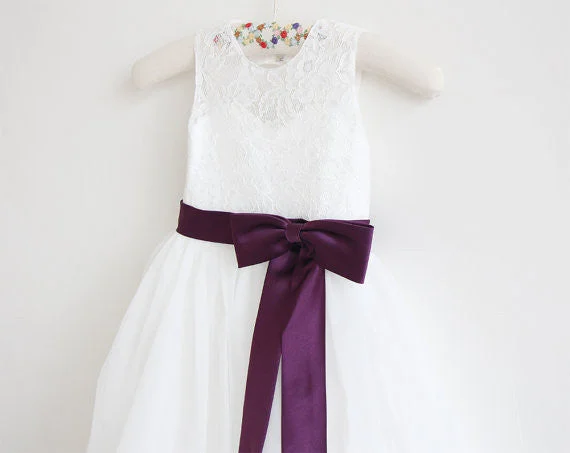 Light Ivory Lace Tulle Sleeveless Floor-length Flower Girl Dresses With Eggplant Sash/Bows  OK213