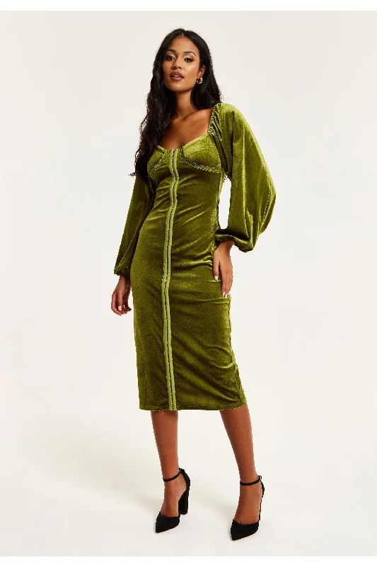 Liquorish Corset Detail Green Velvet Midi Dress