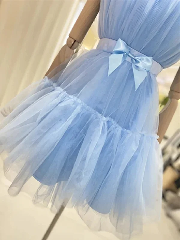 Lovely Short Blue Tulle A Line Prom Homecoming Dresses with Bow OK1458