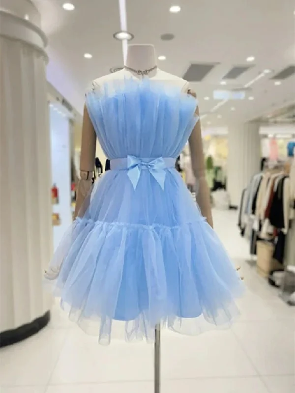 Lovely Short Blue Tulle A Line Prom Homecoming Dresses with Bow OK1458