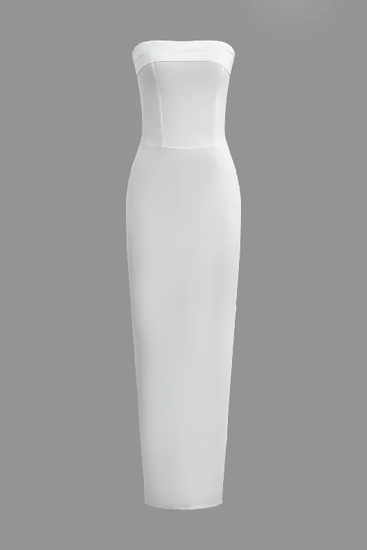 Solid Strapless Slit Maxi Dress