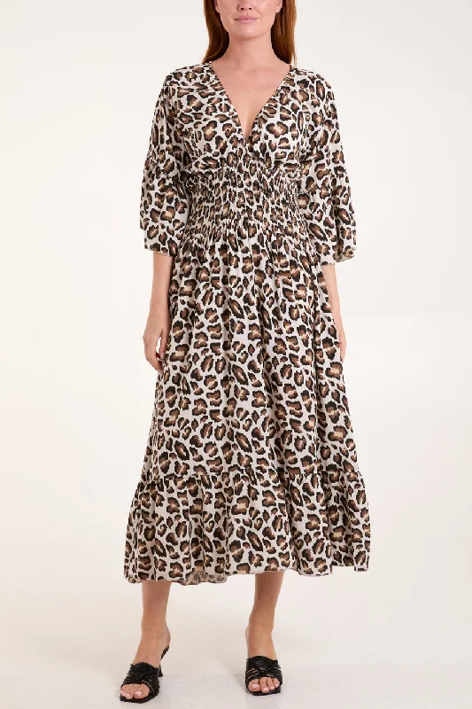 Milly Plunge Frill Dress -  Ecru Leopard