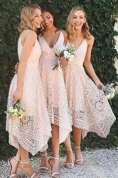 Navy Blue/Pink Deep V-neck Spaghetti Straps Sleeveless Asymmetry Lace A-line Bridesmaid Dresses OK236