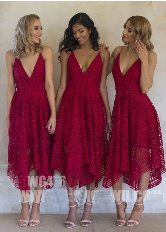 Navy Blue/Pink Deep V-neck Spaghetti Straps Sleeveless Asymmetry Lace A-line Bridesmaid Dresses OK236