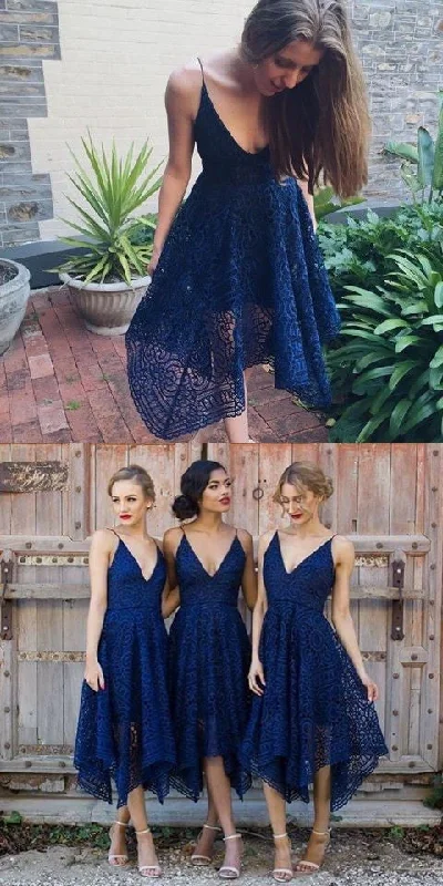 Navy Blue/Pink Deep V-neck Spaghetti Straps Sleeveless Asymmetry Lace A-line Bridesmaid Dresses OK236