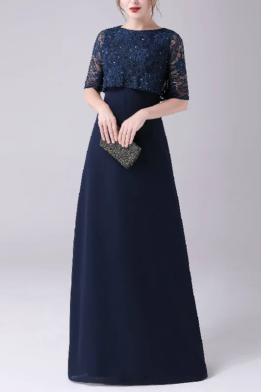 Navy Short Sleeves A-line Chiffon Floor Length Mother of the Bride Dress