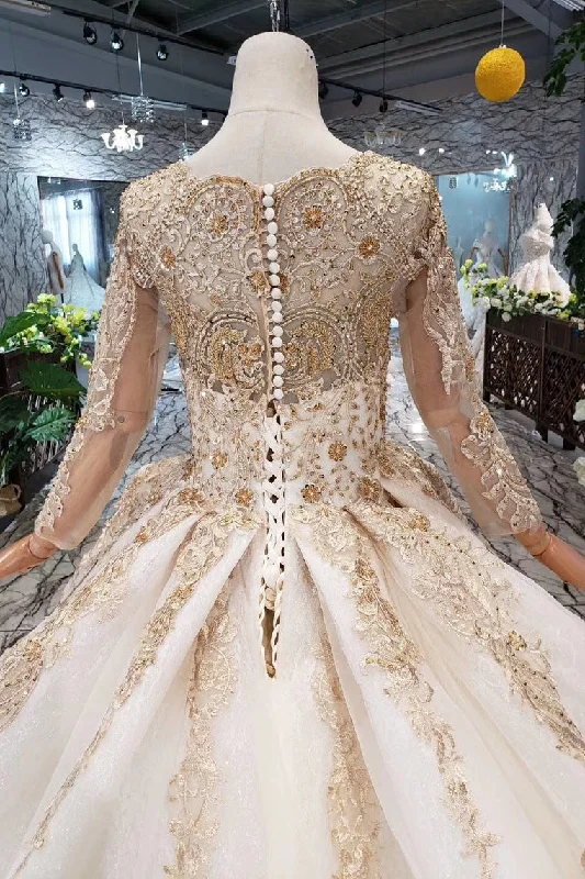 New Arrival Prom Dress Long Sleeves Ball Gown Scoop With Applique Beads Lace Up Back OKK16